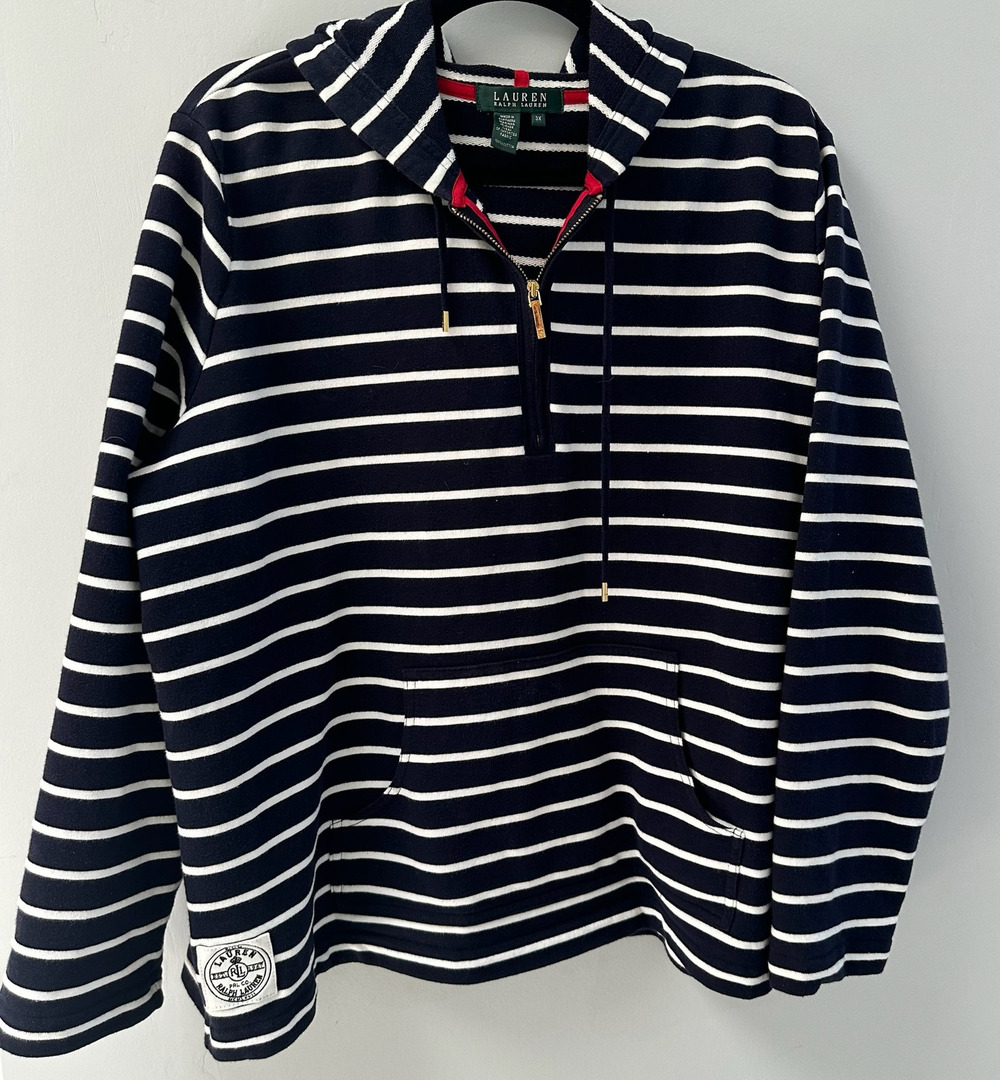 Ralph Lauren Navy Blue Striped Nautical 1/4 Zip Hoodie Size 3X Plus Preppy